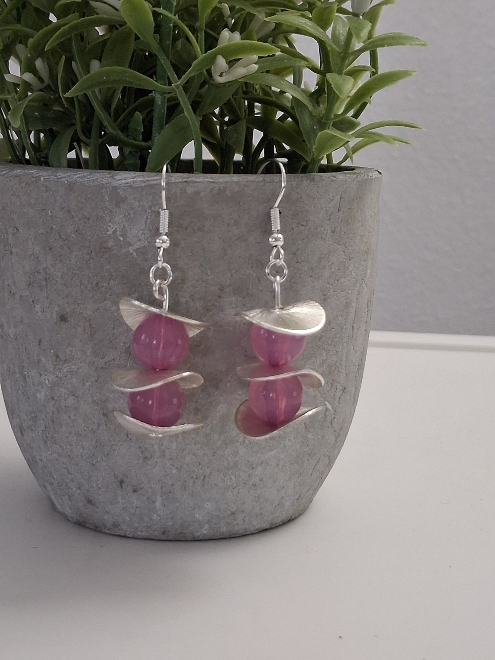 Pink Bead Dangle Earrings with Silver Accents